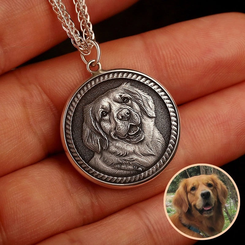Custom Engraved Pet Portrait Necklace - Silver Coin B
