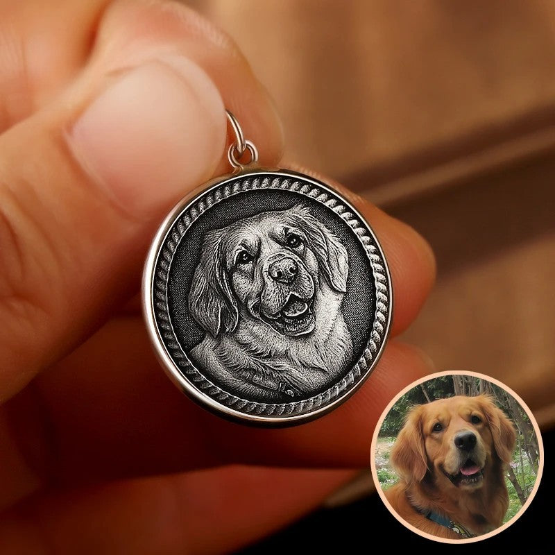 Custom Engraved Pet Portrait Necklace - Silver Coin B