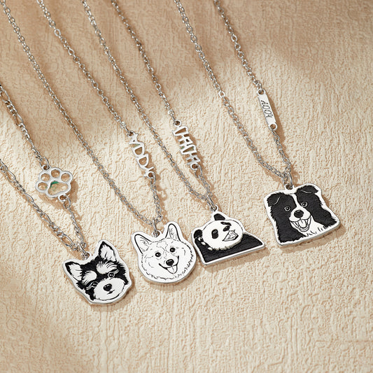 Custom Engraved Silver Necklace with Pet Portrait