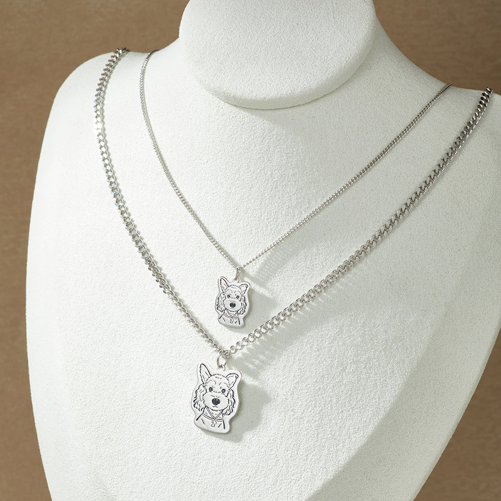 Custom Engraved Silver Necklace with Pet Portrait