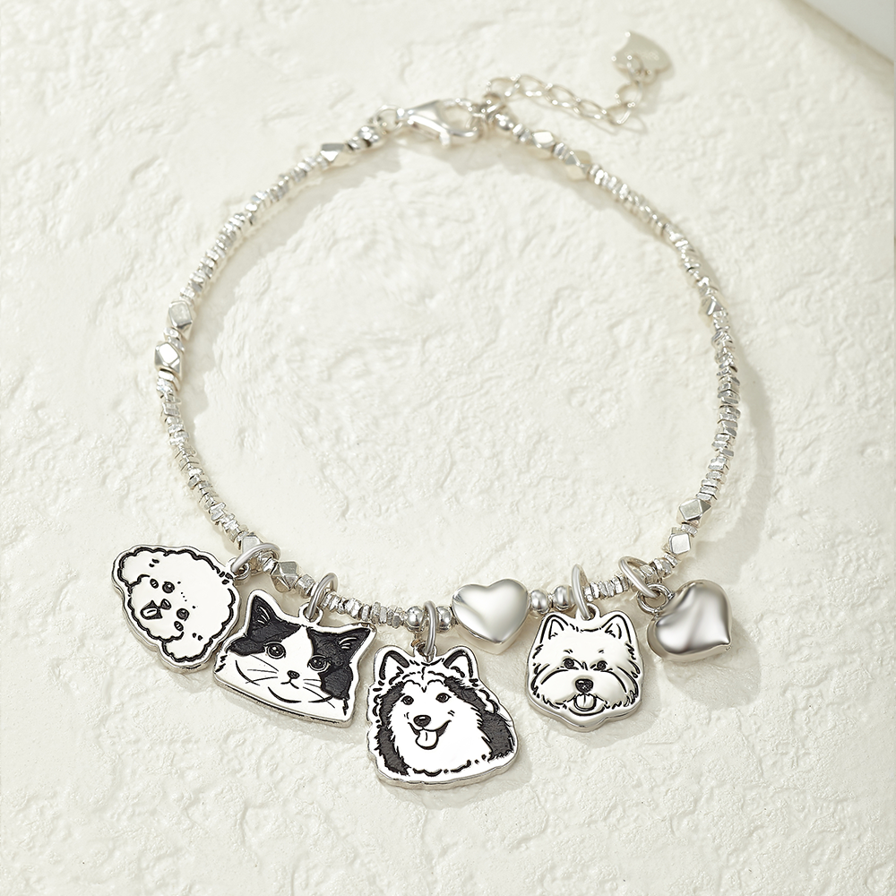 Custom Engraved Silver Bracelet with Pet Portrait