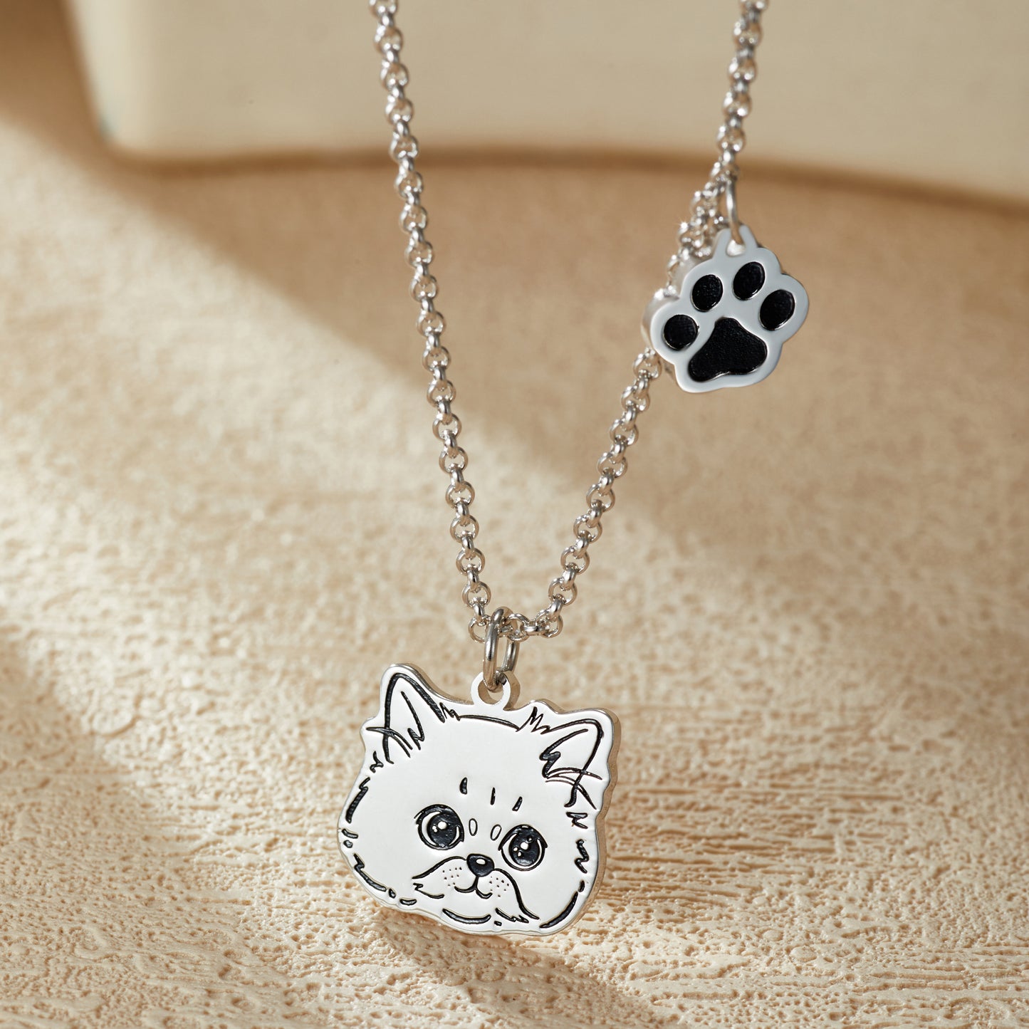 Custom Engraved Silver Necklace with Pet Portrait