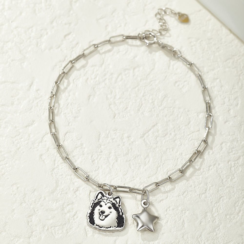 Custom Engraved Silver Bracelet with Pet Portrait