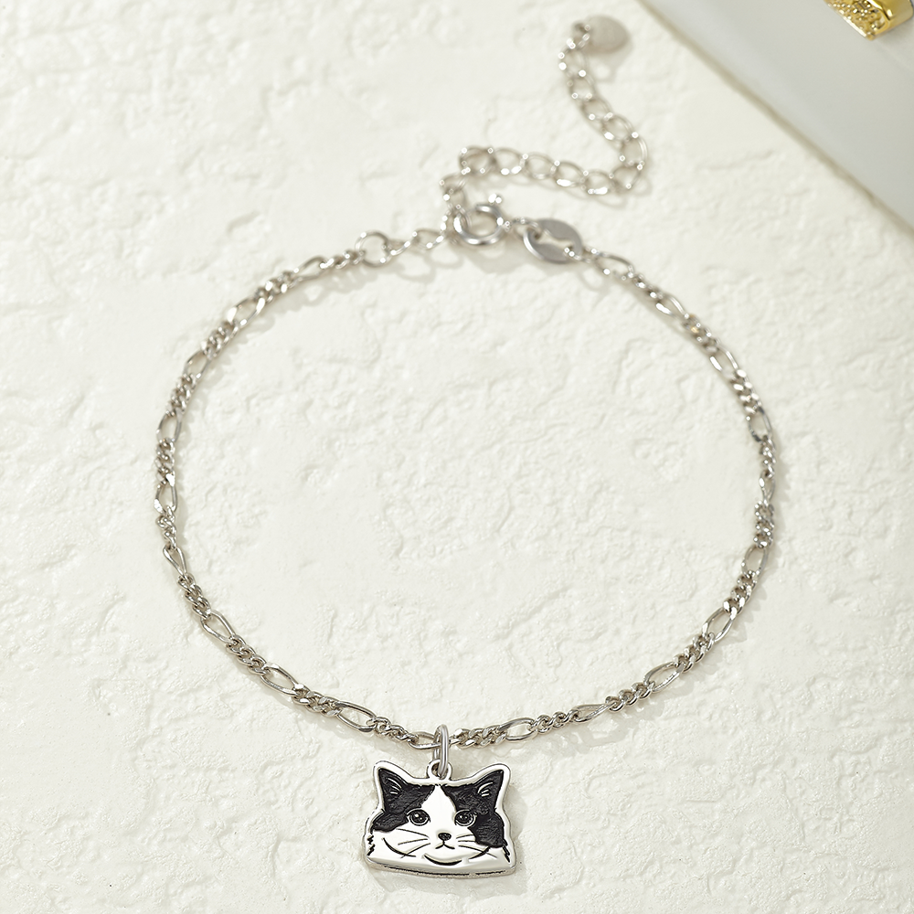Custom Engraved Silver Bracelet with Pet Portrait
