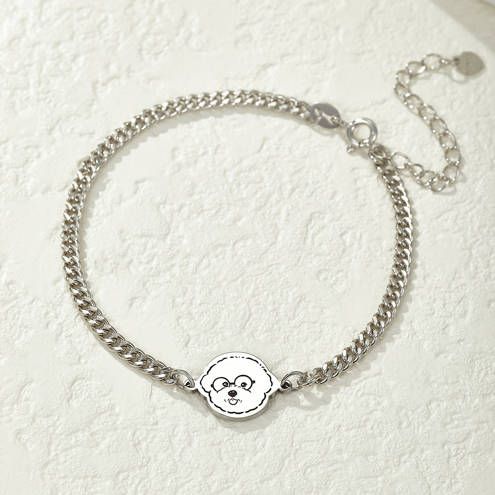 Custom Engraved Silver Bracelet with Pet Portrait