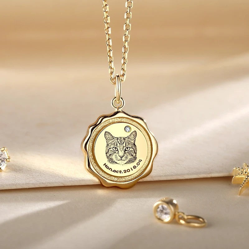 Custom Pet Portrait Necklace - Gold Plated Engraved Pendant | PawsClone