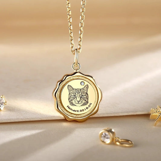 Custom Pet Portrait Necklace - Gold Plated Engraved Pendant | PawsClone