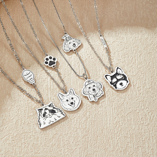 Custom Engraved Silver Necklace with Pet Portrait