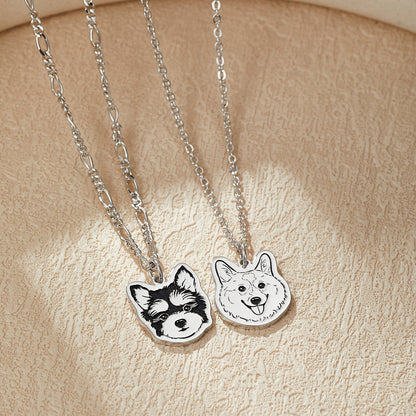 Custom Engraved Silver Necklace with Pet Portrait