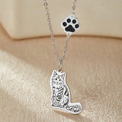 Custom Engraved Silver Necklace with Pet Portrait