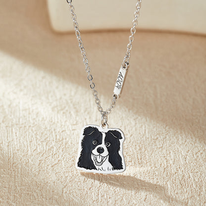 Custom Engraved Silver Necklace with Pet Portrait