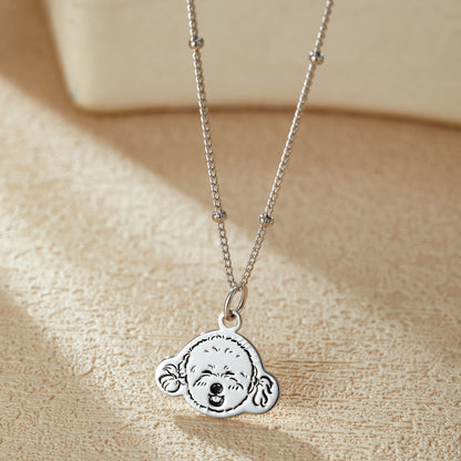 Custom Engraved Silver Necklace with Pet Portrait